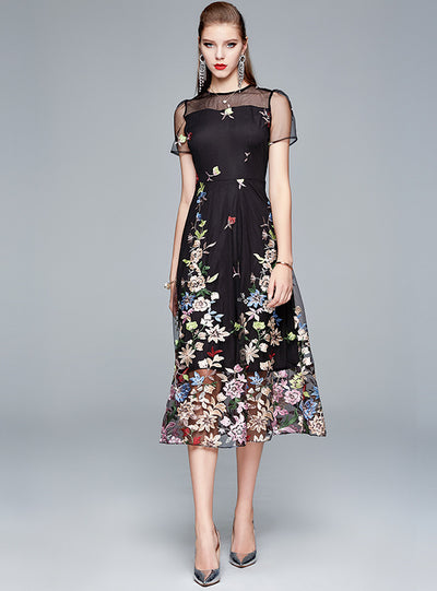 Round Neck Mesh Embroidered Flower Dress