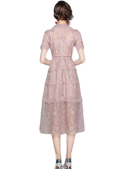 Heavy Embroidery Lace Lapel Fauze Dress