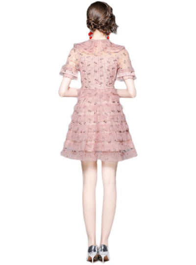 Women Embroidered Ruffled Lace Dress