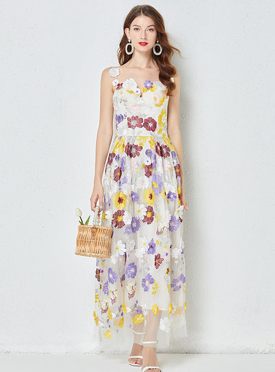 Embroidery Floral Sling Long Dress