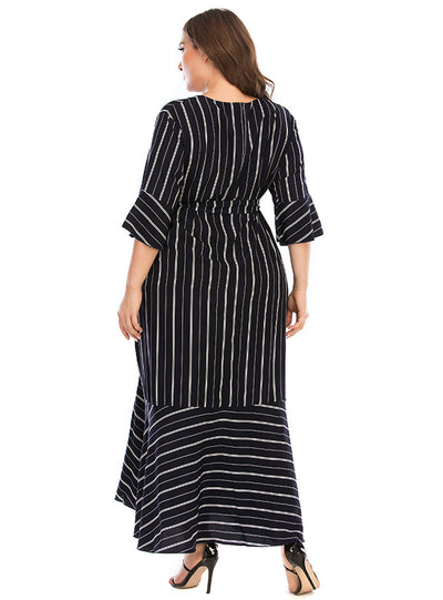 Trumpet Collar Sleeve Striped Printed Stitching Dress