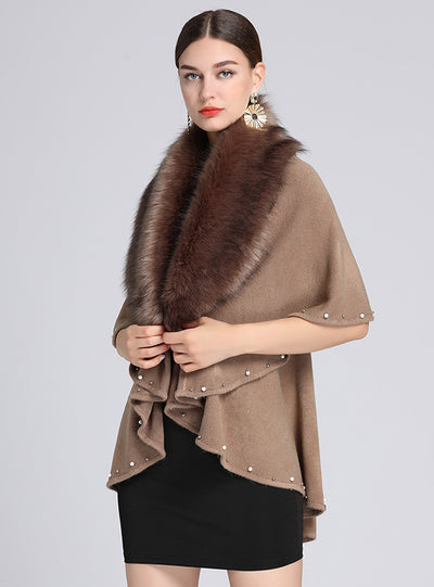 Pearl Imitation Fox Fur Collar Knitted Shawl Bucket
