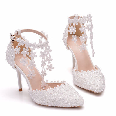 White Lace Flower Tassel Wedding Shoes