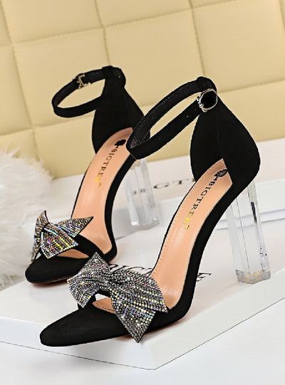 Suede High Heel Sandal with Rhinestone Bow