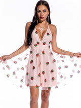 V-neck Suspender Strawberry Sequined Dress