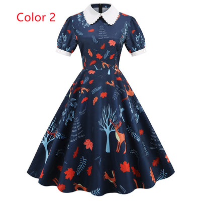 Printed Short Sleeve Doll Collar Printed Dress