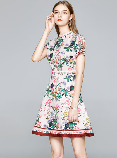 A-line Female Collar Waist Print Dress