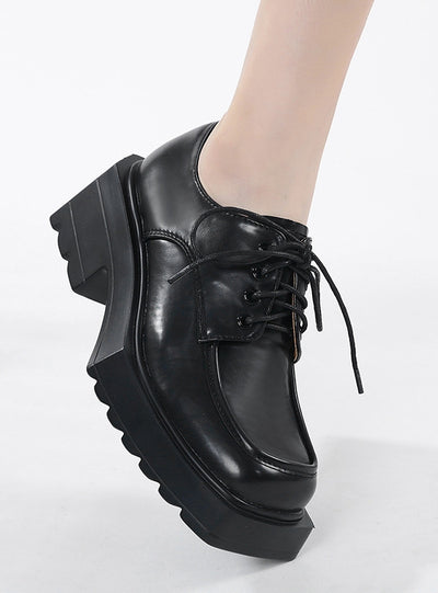 Matte Thick-soled Square-headed Leather Shoes