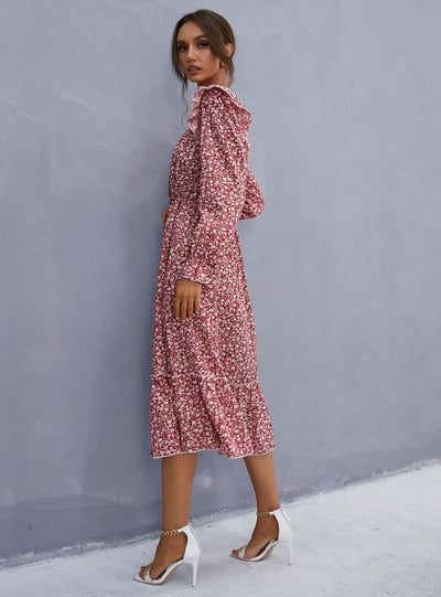 Floral Square Collar Long Sleeve Chiffon Flounce Dress