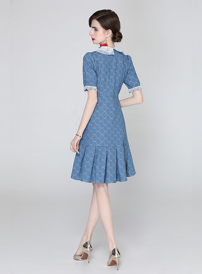 Lace Doll Collar Short Sleeve Denim Dress