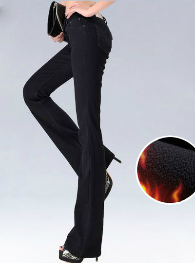 Long Thicken Fleece Flare Winter Jeans Femme Wide