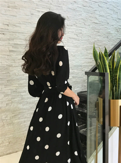 V-neck Ladies Long Dress Casual Half Sleeve Dot Dress