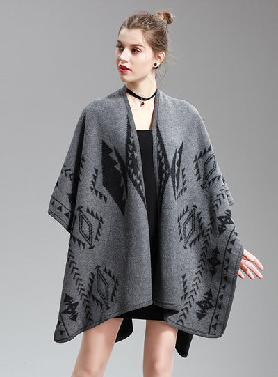 Women's Jacquard Shawl Long Knitted Cardigan