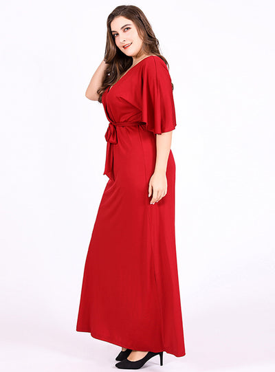 Deep Red V-neck Short Sleeve High Waist Sexy Dress