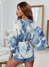 V-neck Irregular Sleeve Tie-dye Printed Chiffon Shirt