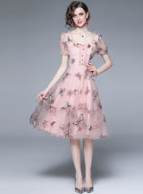 Pink Bubble Sleeve Square Mesh Embroidery Dress