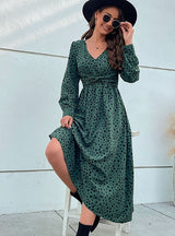 V-neck Long Sleeve Kinked Leopard Print Dress