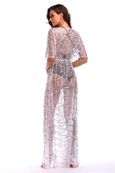 Sexy Perspective Sequin Short Sleeve Long Dress