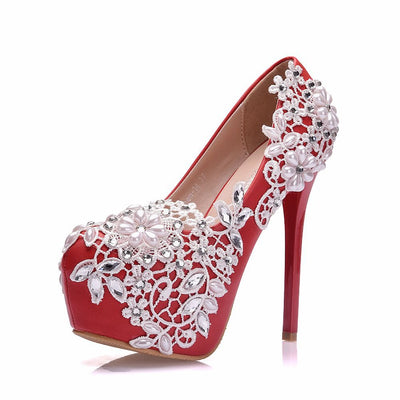 White Beaded Lace Flowers Wedding Shoes
