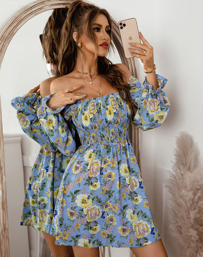 Printed Off the Shoulder Long Sleeve Dress