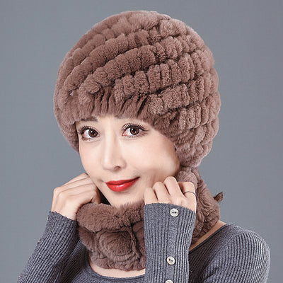 Winter Fur Rex Rabbit Fur Warm Scarf Hat Set