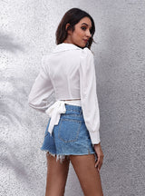 Cross-front and Back Strap Bubble Sleeve Short Shirt
