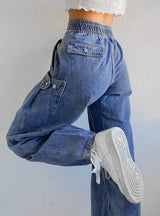 Tight Waist Wide Leg Button Patch Leg Pants