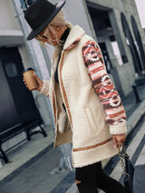 Cardigan Color Matching Print Lapel Zipper Plush Coat