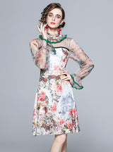 Retro Stand Collar Gauze Wooden Ear Floral Dress