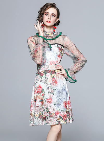 Retro Stand Collar Gauze Wooden Ear Floral Dress