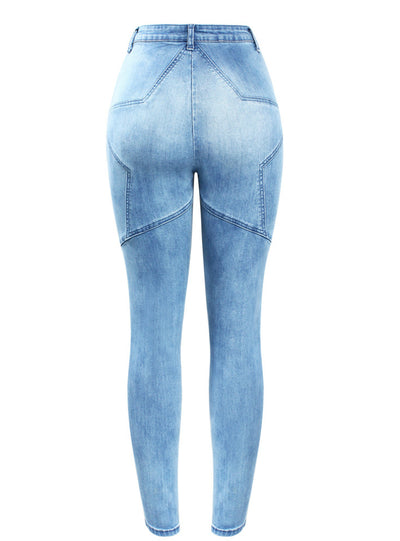 High Waist Patchwork Jeans Woman Stretchy Denim Pencil
