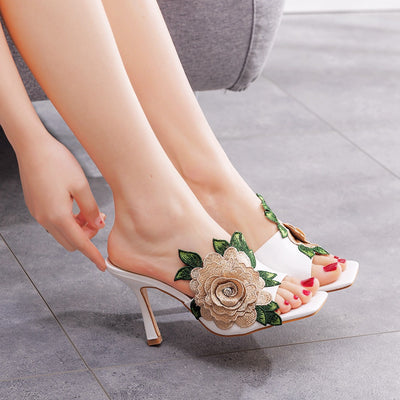Embroidered Square Head High Heel Slippers