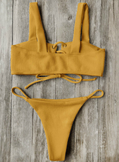 Lace Up Ribbed Texture Bikini Low Waist Wire 