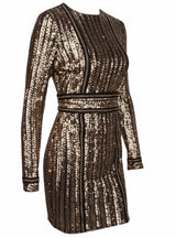 Gold Striped Sequins Metal Chain Slim Mini Dress