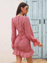 Pleated V-neck Flounce Printed Chiffon Dress