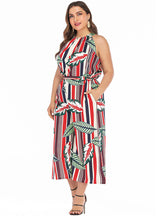 Striped Printed Large Size Tie Round Neck Sleeveless Jumpsuit