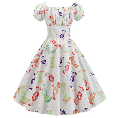 Summer Short Sleeve Square Collar Retro Print Dress