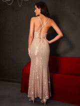 Sheath Straps Sequined Long Dress