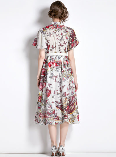 Collar Butterfly Print Short Sleeve Dress