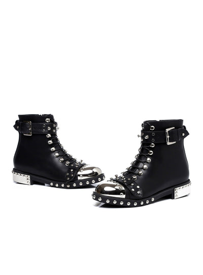 Black Flats Genuine Leather Studded Lace Up Ankle Boots