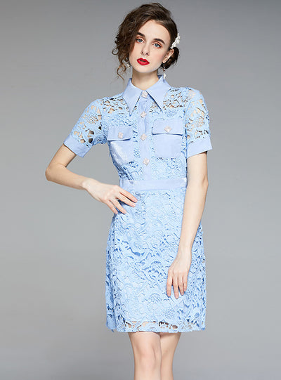 Blue Crochet Hollow Lace Dress