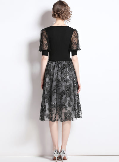 Lantern Stitching Gauze Sequined Dress