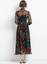 Rose Printed Slim Long Sleeve Chiffon Dress