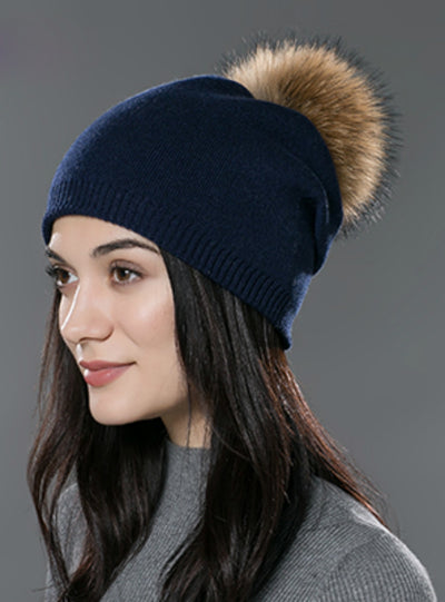 Hat Wool Knitted Beanies Cap Fox Fur