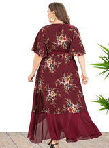 V-neck Ruffled Irregular Printed Dress