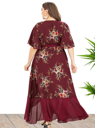 V-neck Ruffled Irregular Printed Dress