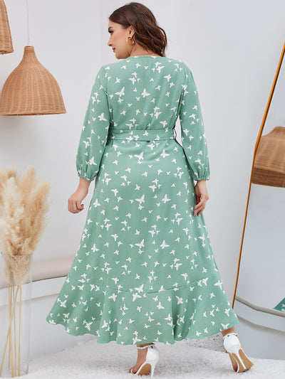 Butterfly Printed Ruffled Long Sleeve V-neck Large Size Dress