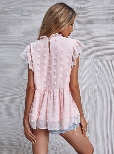 Pink Fur Ball Round Collar Ruffled Sleeve Shirt