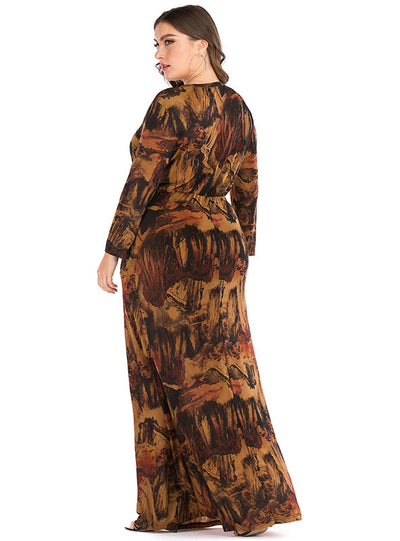 Retro Round Neck Printed Long Sleeve Pocket Dress