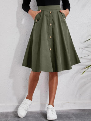 Pocket Button Mid-length Skirt